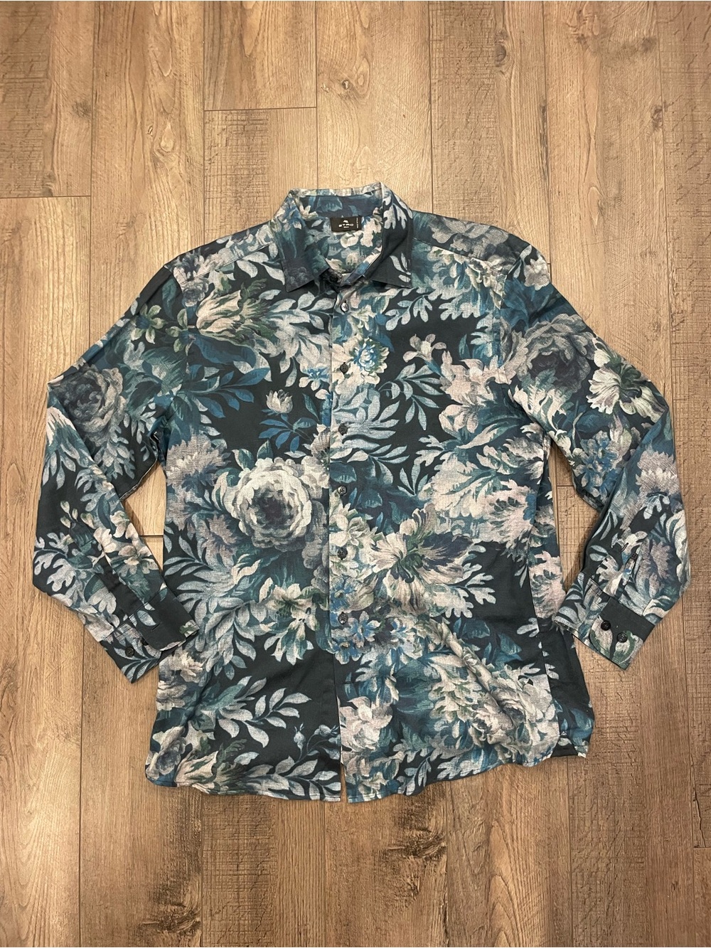 Etro Milano Men’s Size 41 Floral Shirt Blue Black Floral Button Up Made Italy